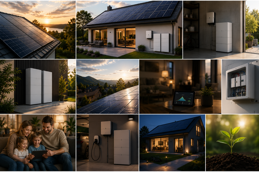 En familj hemma i ett hus med solceller och hemlagringsbatteri